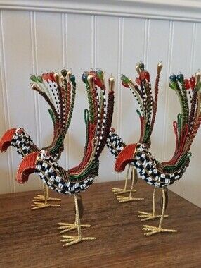 Mackenzie-childs Napkin Rings Black White Courtly Check Bird Mulit Beads Whimsy